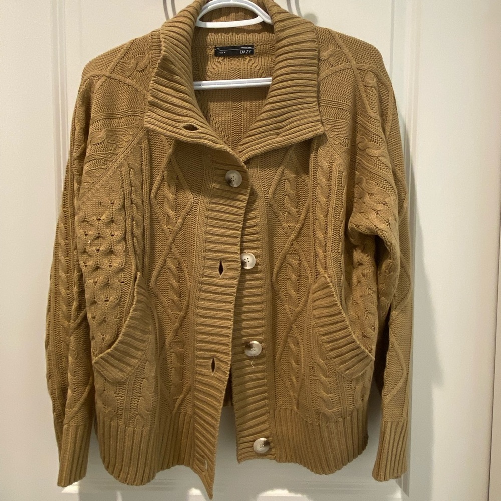 High Collar Cable Knit Cardigan